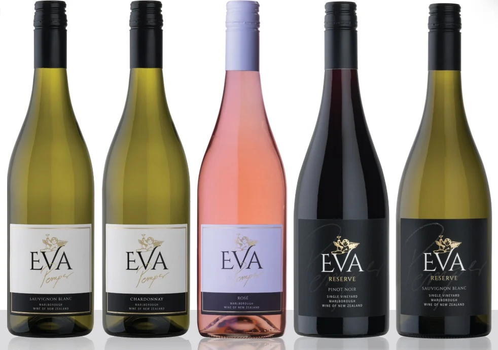 Eva Pemper Sauvignon Blanc, Chardonnay, Rosé, Reserve Pinot Noir and Reserve Sauvignon Blanc bottles